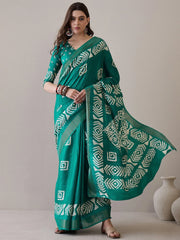 Teal Blue Sungudi Silk Blend Printed Saree - The Dori Store