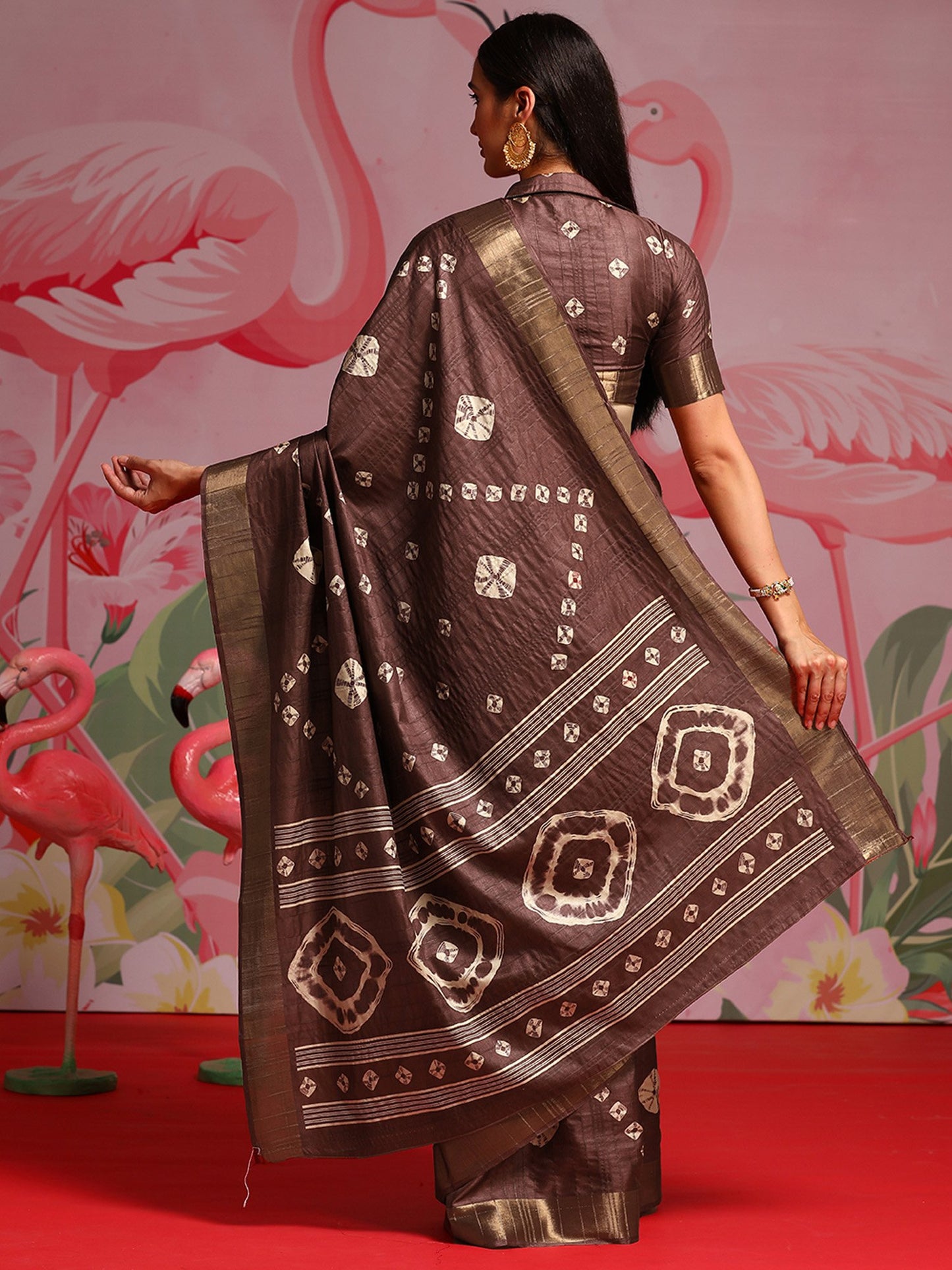 Burgundy Sungudi Silk Blend Printed Saree