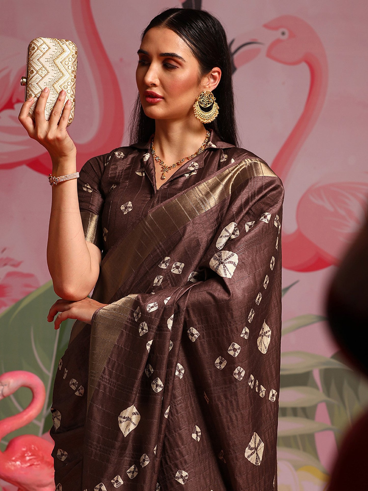 Burgundy Sungudi Silk Blend Printed Saree