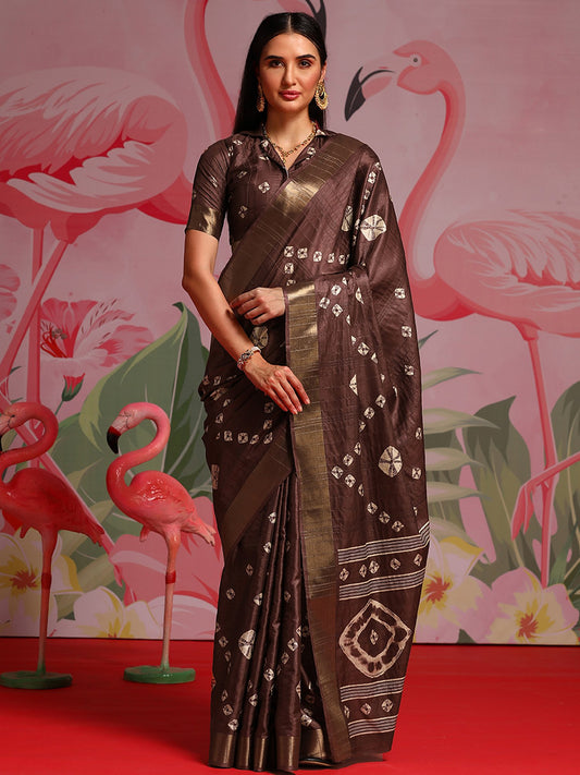 Brown Burgundy Sungudi Silk Blend Printed Saree