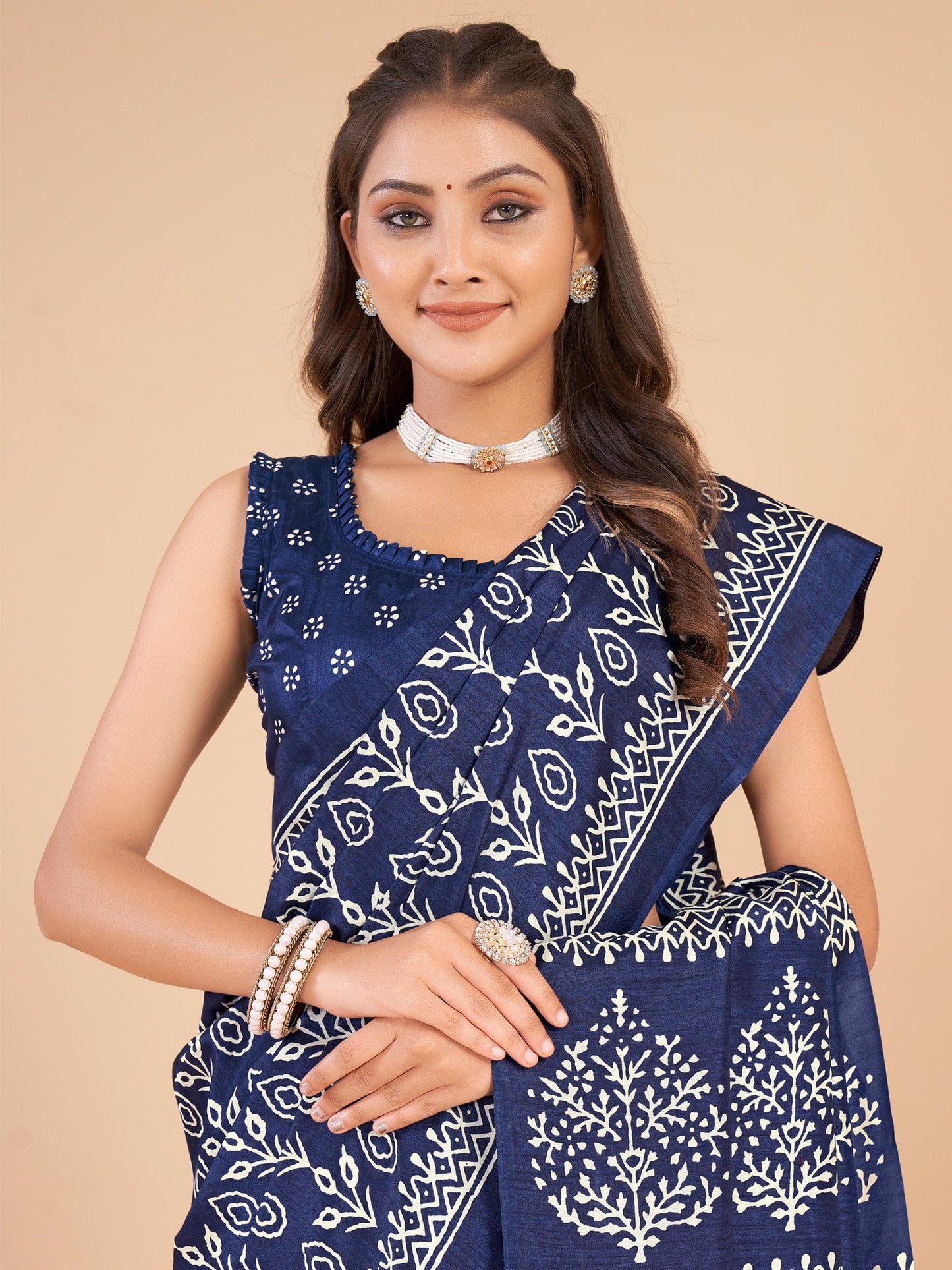 Navy Bagru Dola Silk Printed Saree