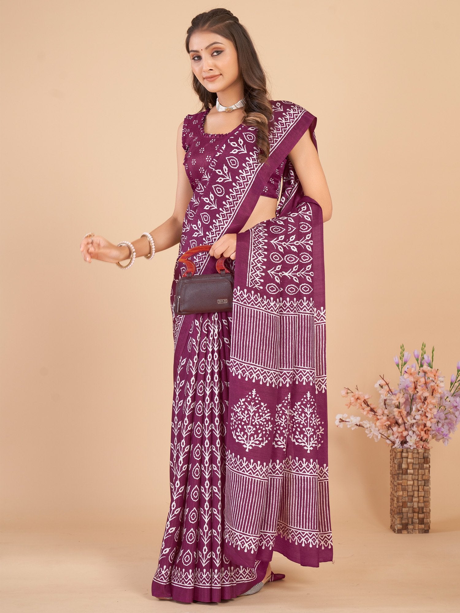 Purple Magenta Bagru Dola Silk Printed Saree