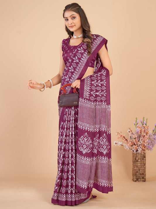 Purple Magenta Bagru Dola Silk Printed Saree