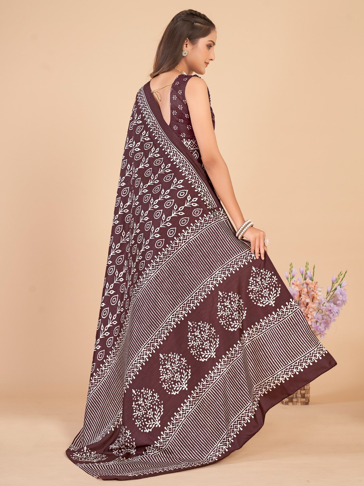 Coffee Bagru Dola Silk Printed Saree