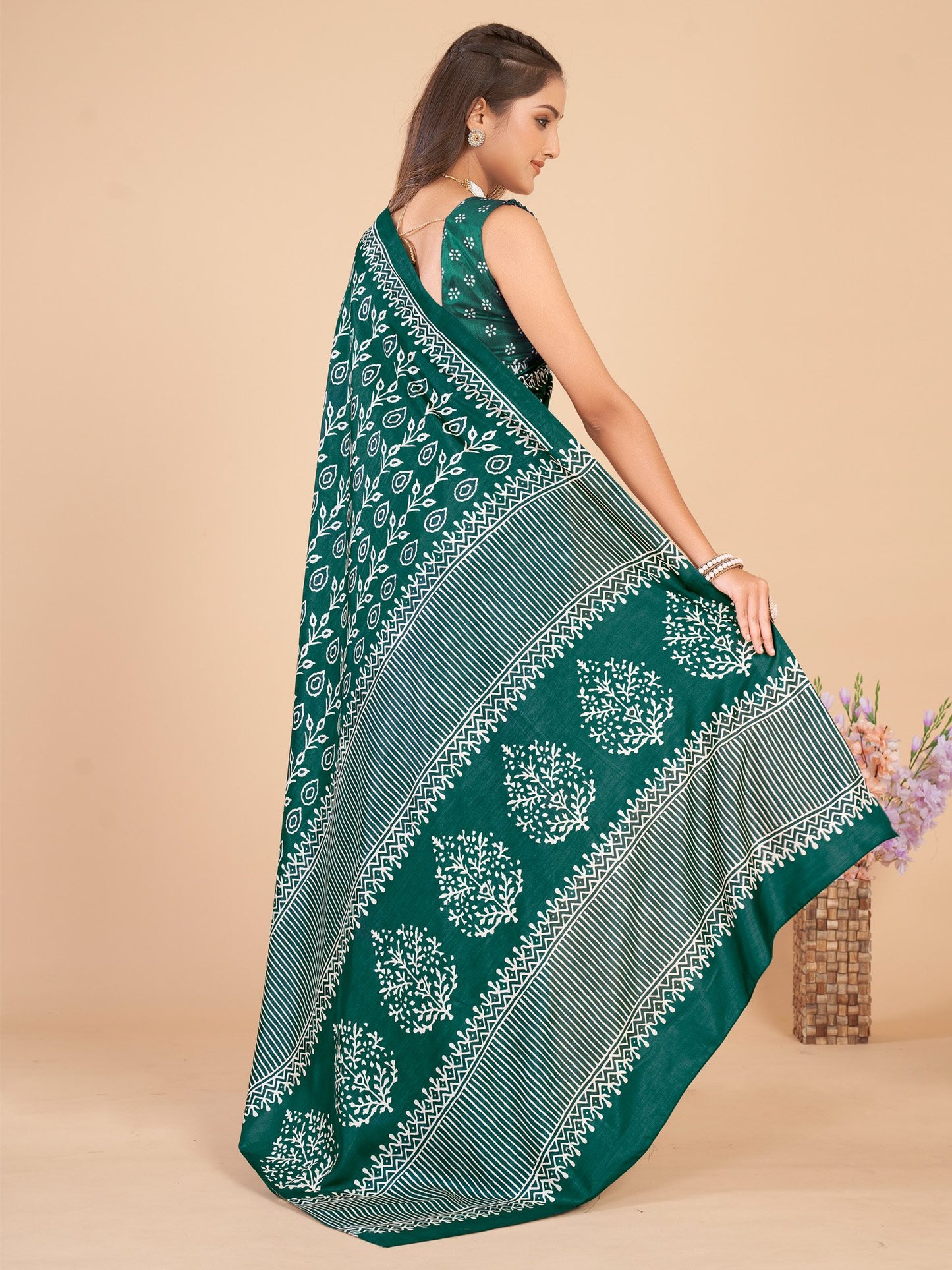Green Bagru Dola Silk Printed Saree
