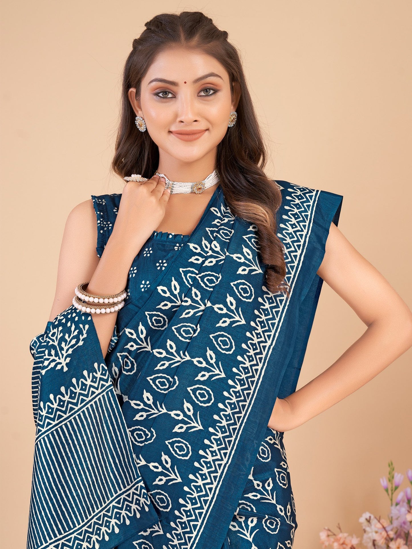 Teal Bagru Dola Silk Printed Saree