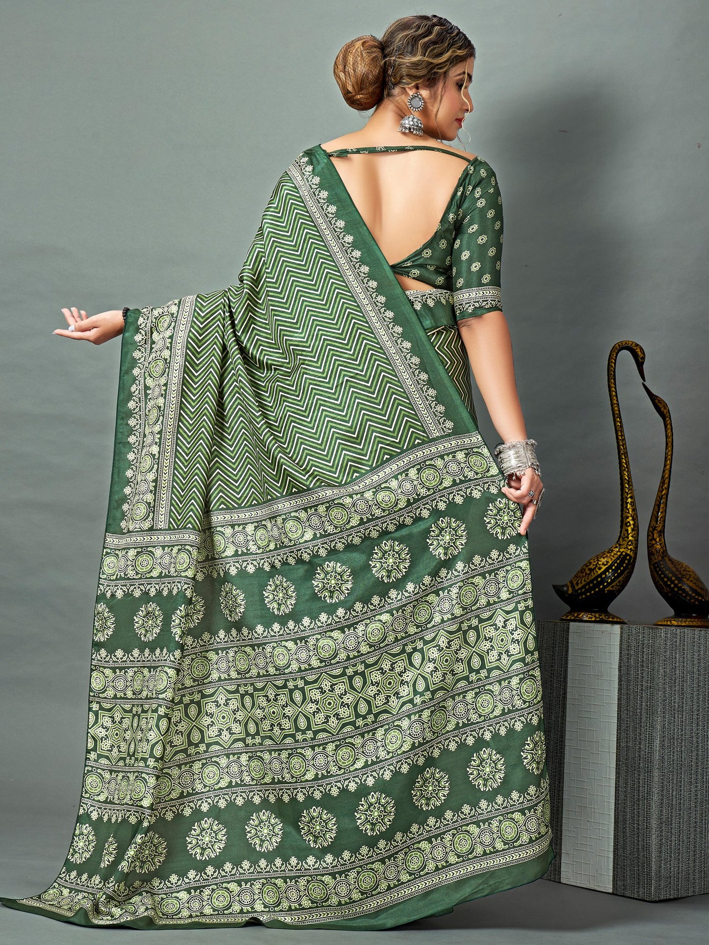 Green Block Print Dola Silk Printed Saree