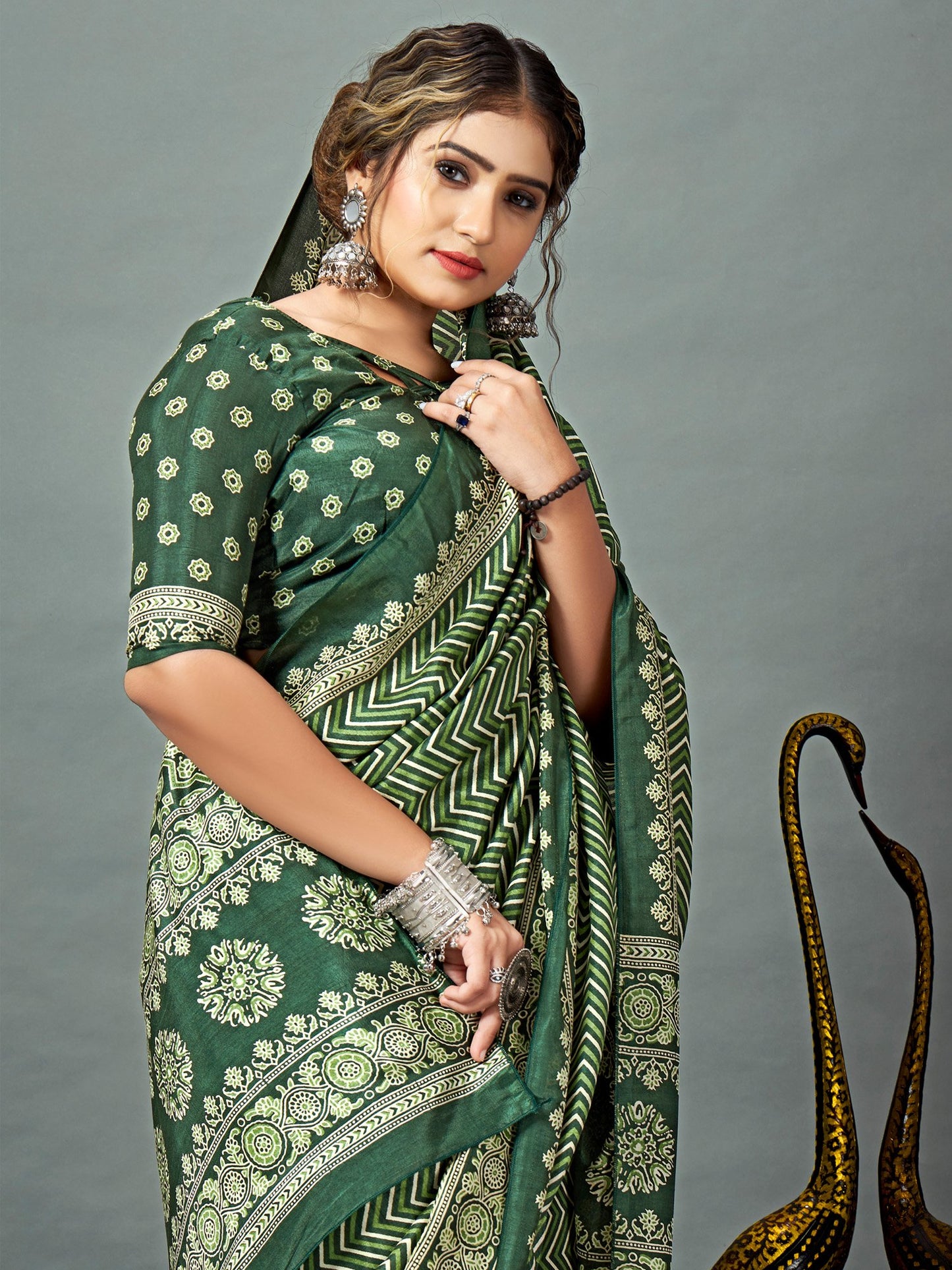 Green Block Print Dola Silk Printed Saree