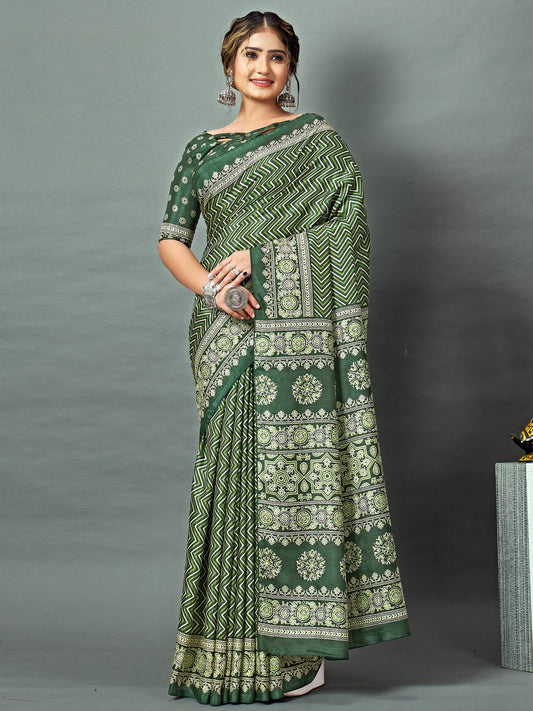 Green Green Block Print Dola Silk Printed Saree