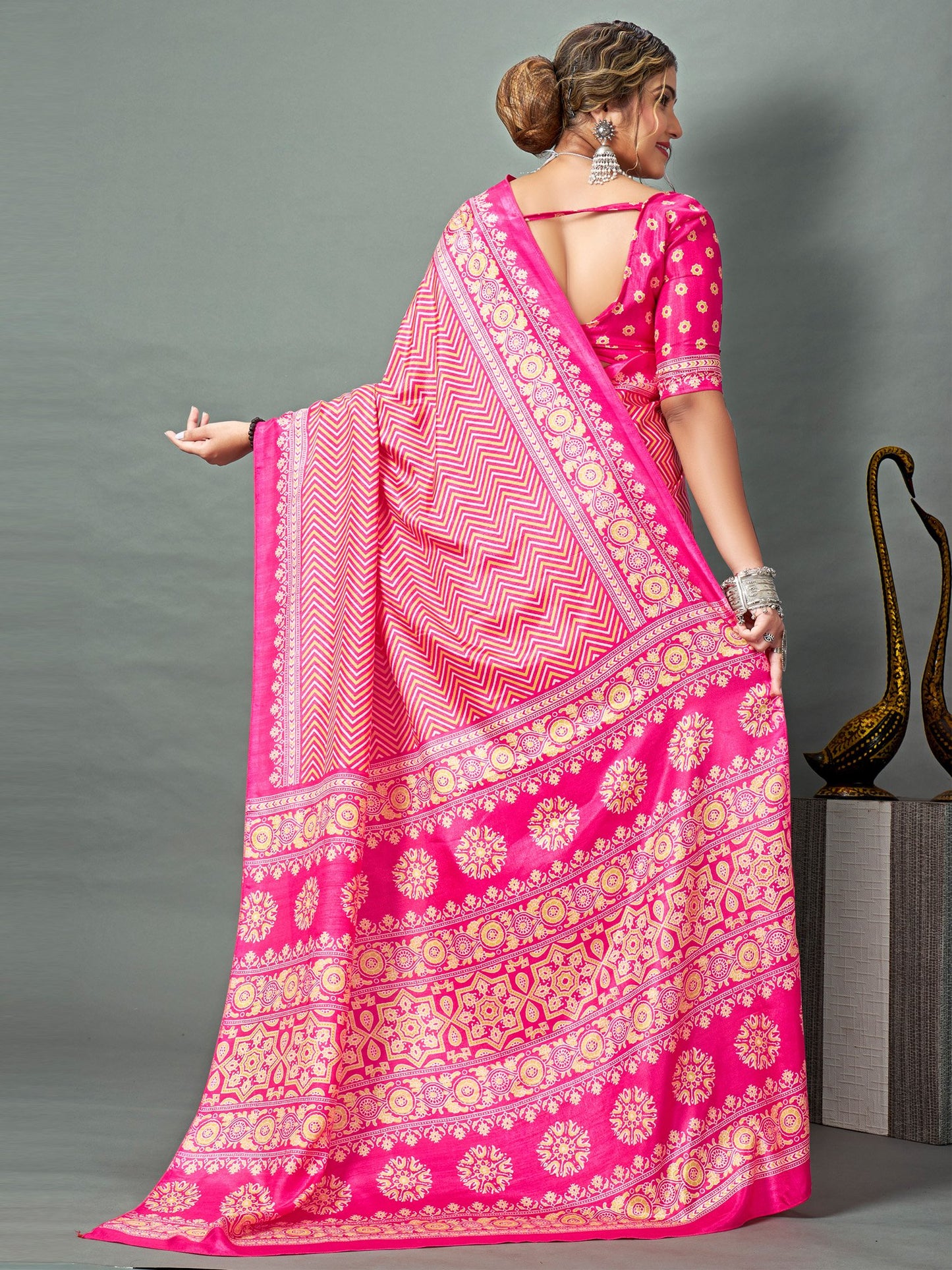 Pink Block Print Dola Silk Printed Saree