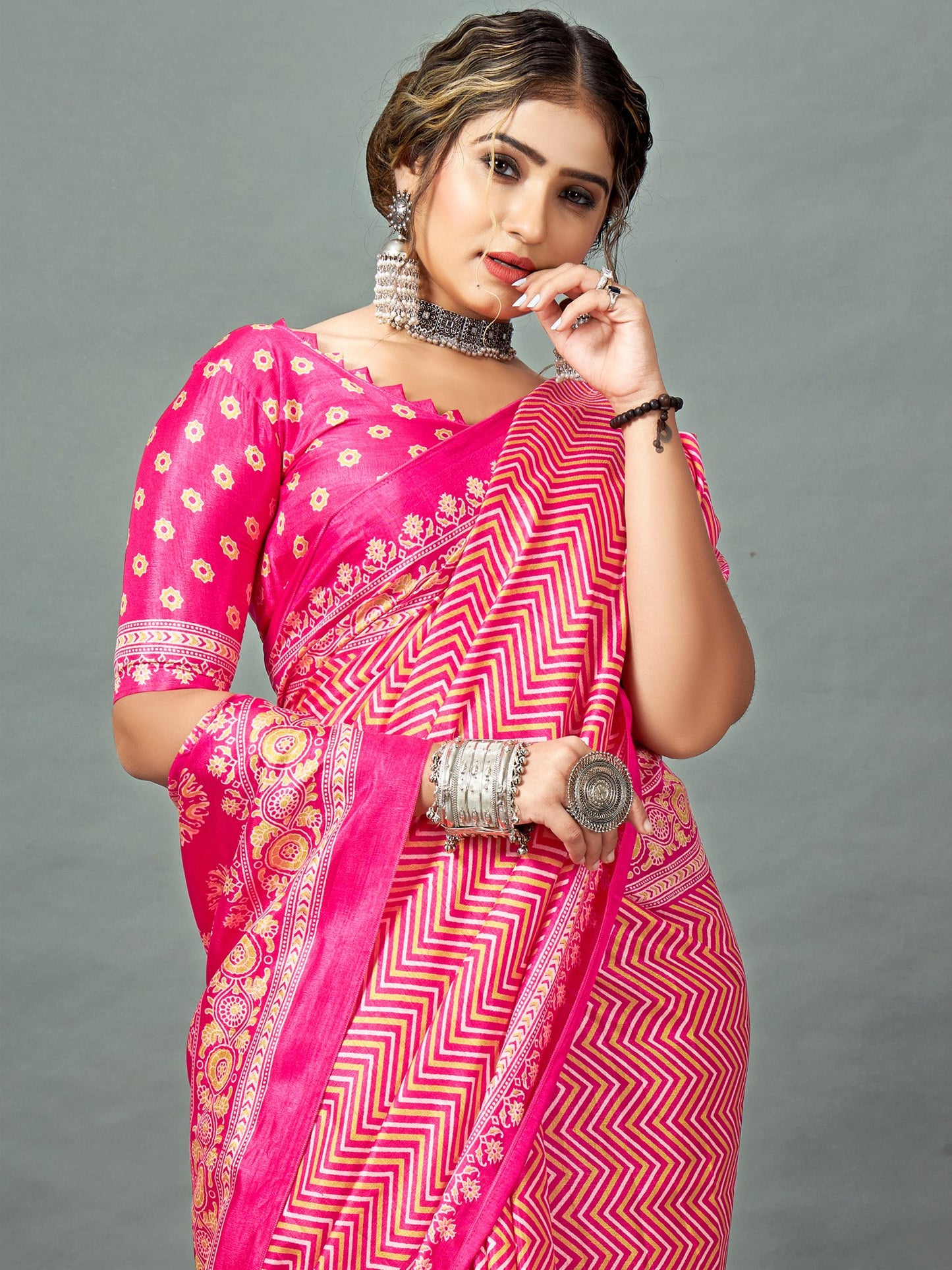Pink Block Print Dola Silk Printed Saree