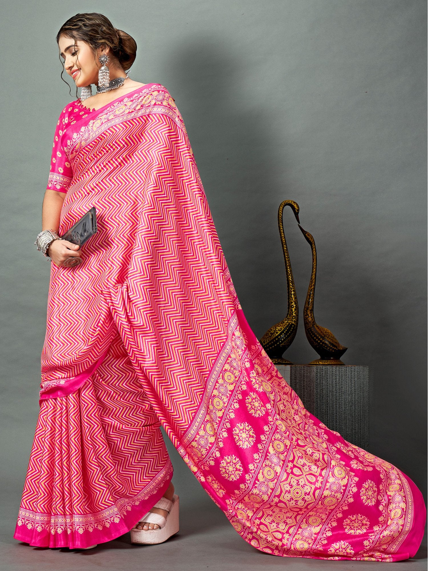 Pink Pink Block Print Dola Silk Printed Saree