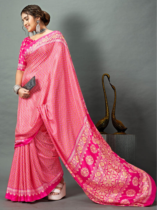 Pink Pink Block Print Dola Silk Printed Saree