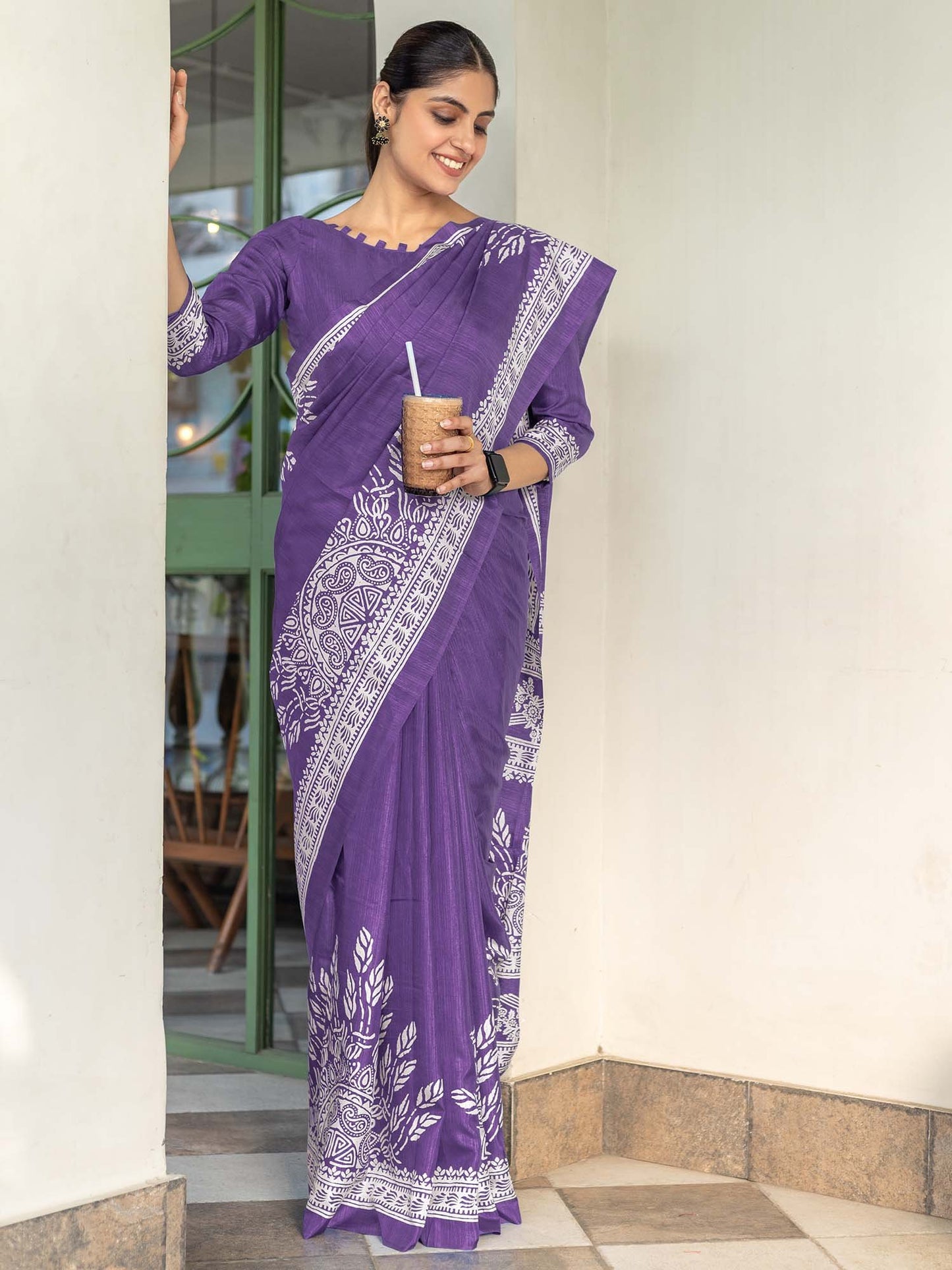 Lavendar Bagru Dola Silk Printed Saree