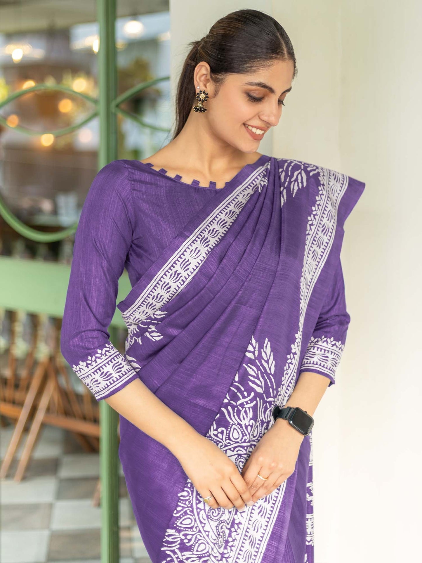 Lavendar Bagru Dola Silk Printed Saree