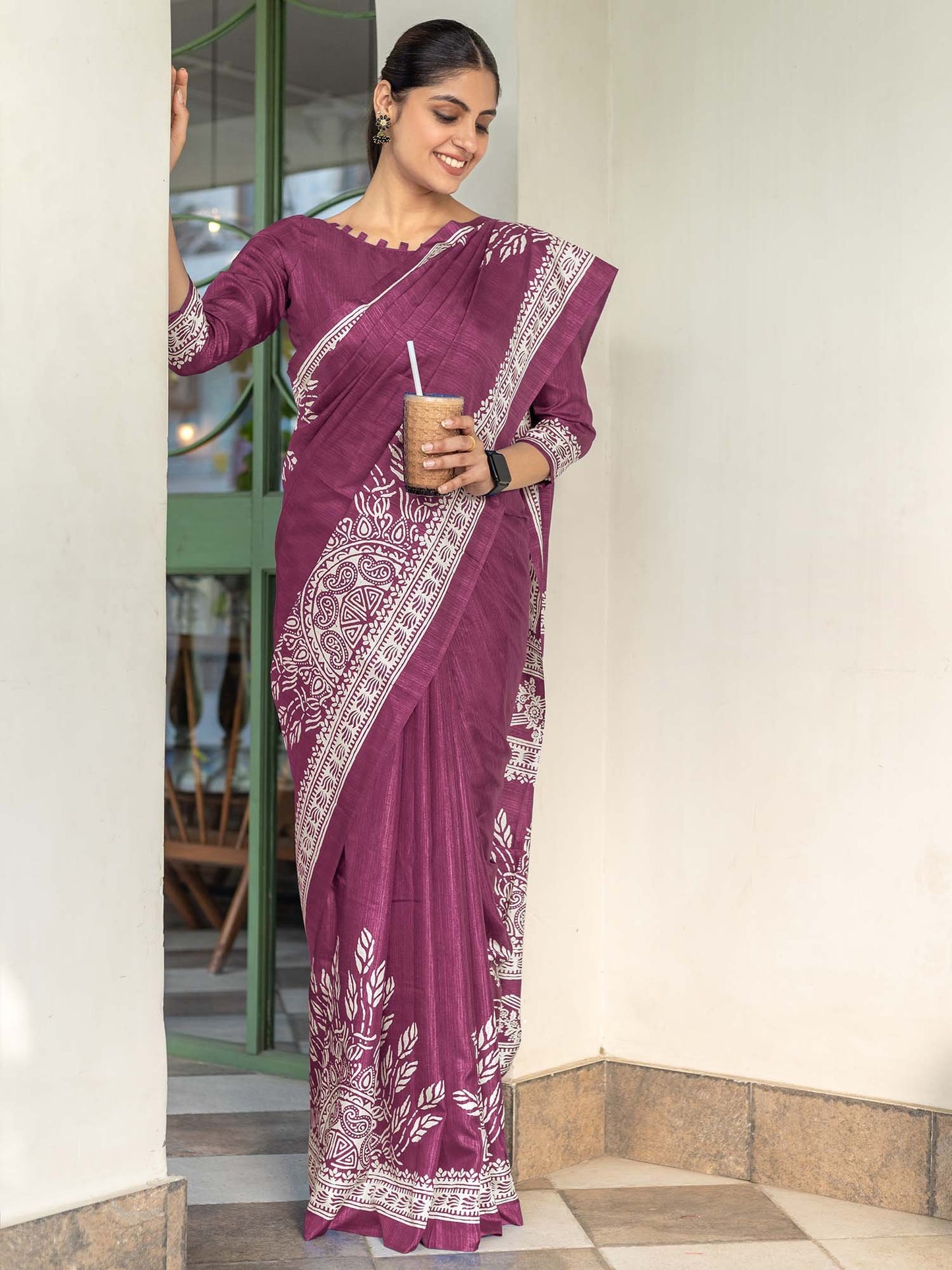 Magenta Bagru Dola Silk Printed Saree