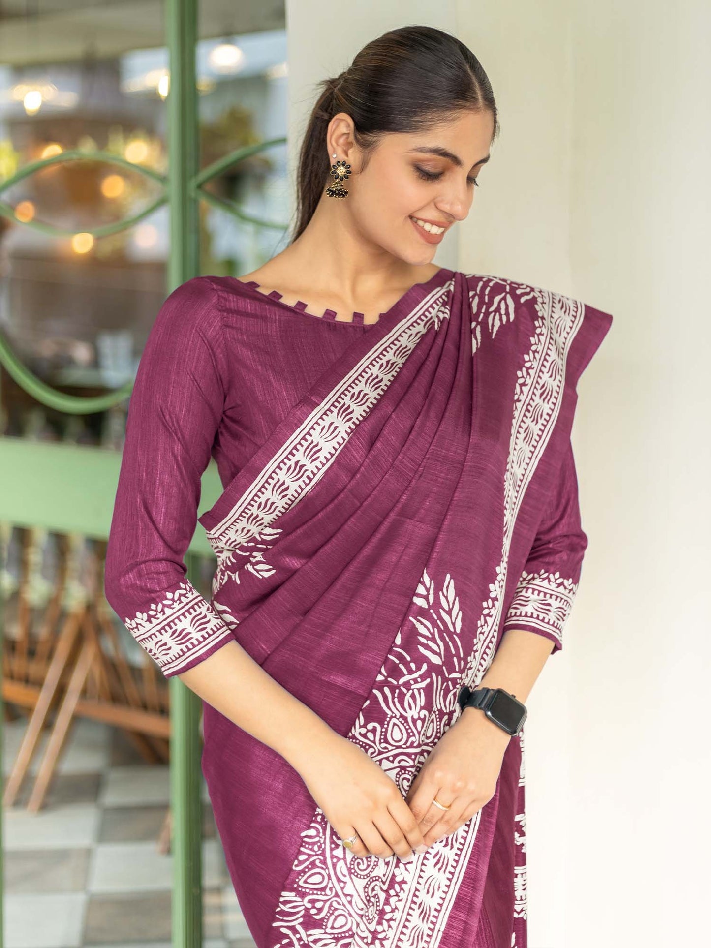 Magenta Bagru Dola Silk Printed Saree