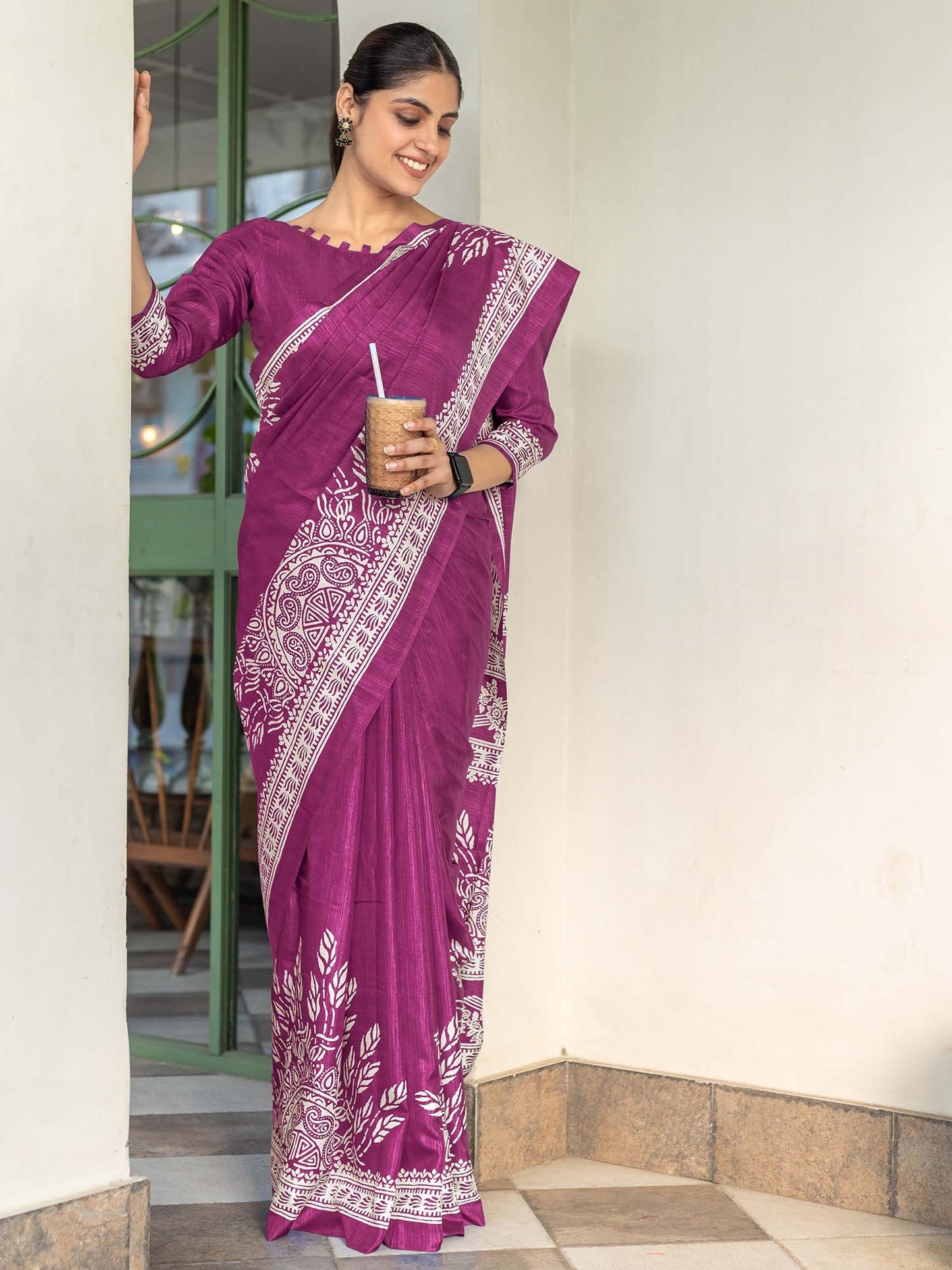 Pink Bagru Dola Silk Printed Saree