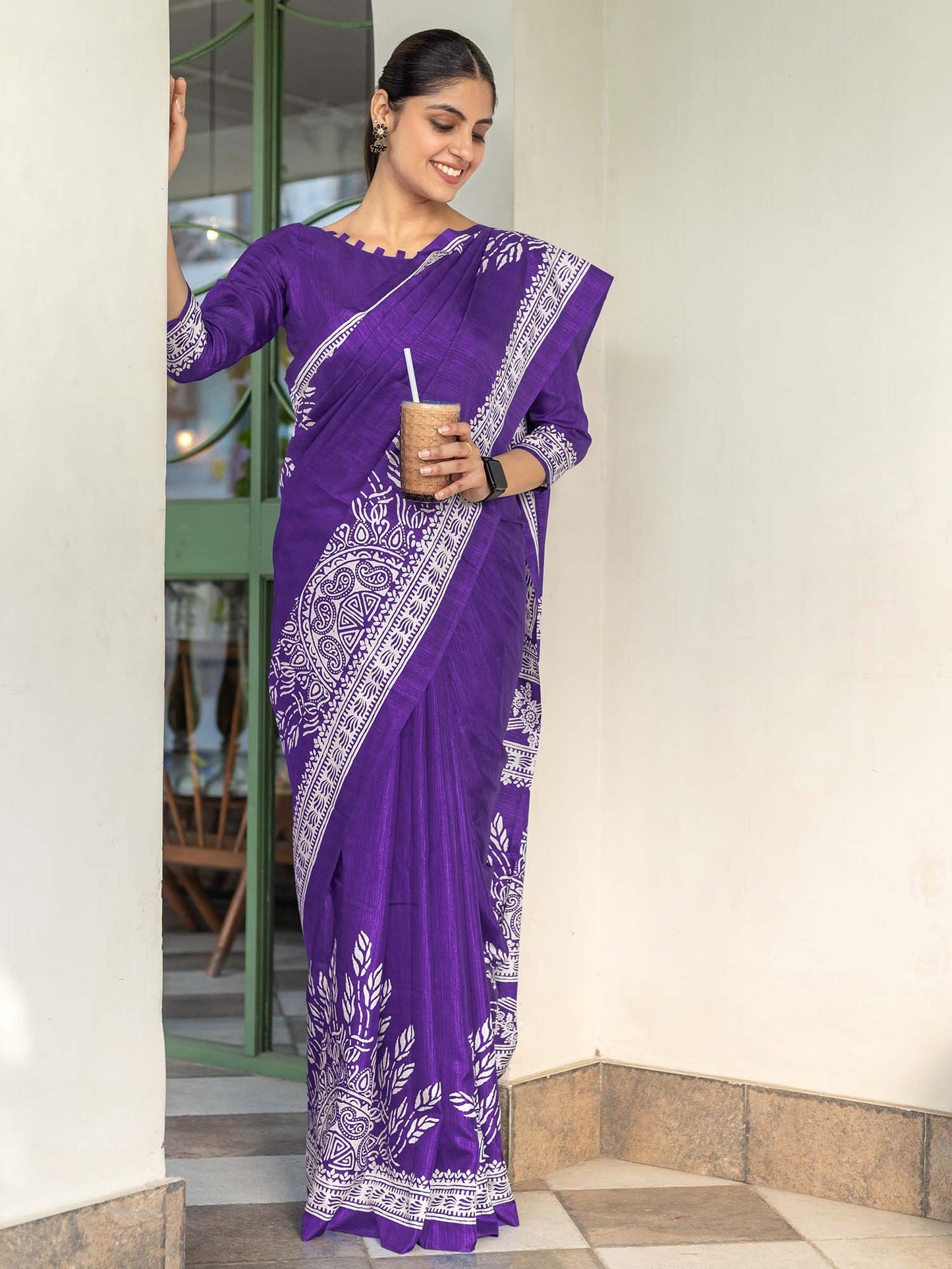 Purple Bagru Dola Silk Printed Saree