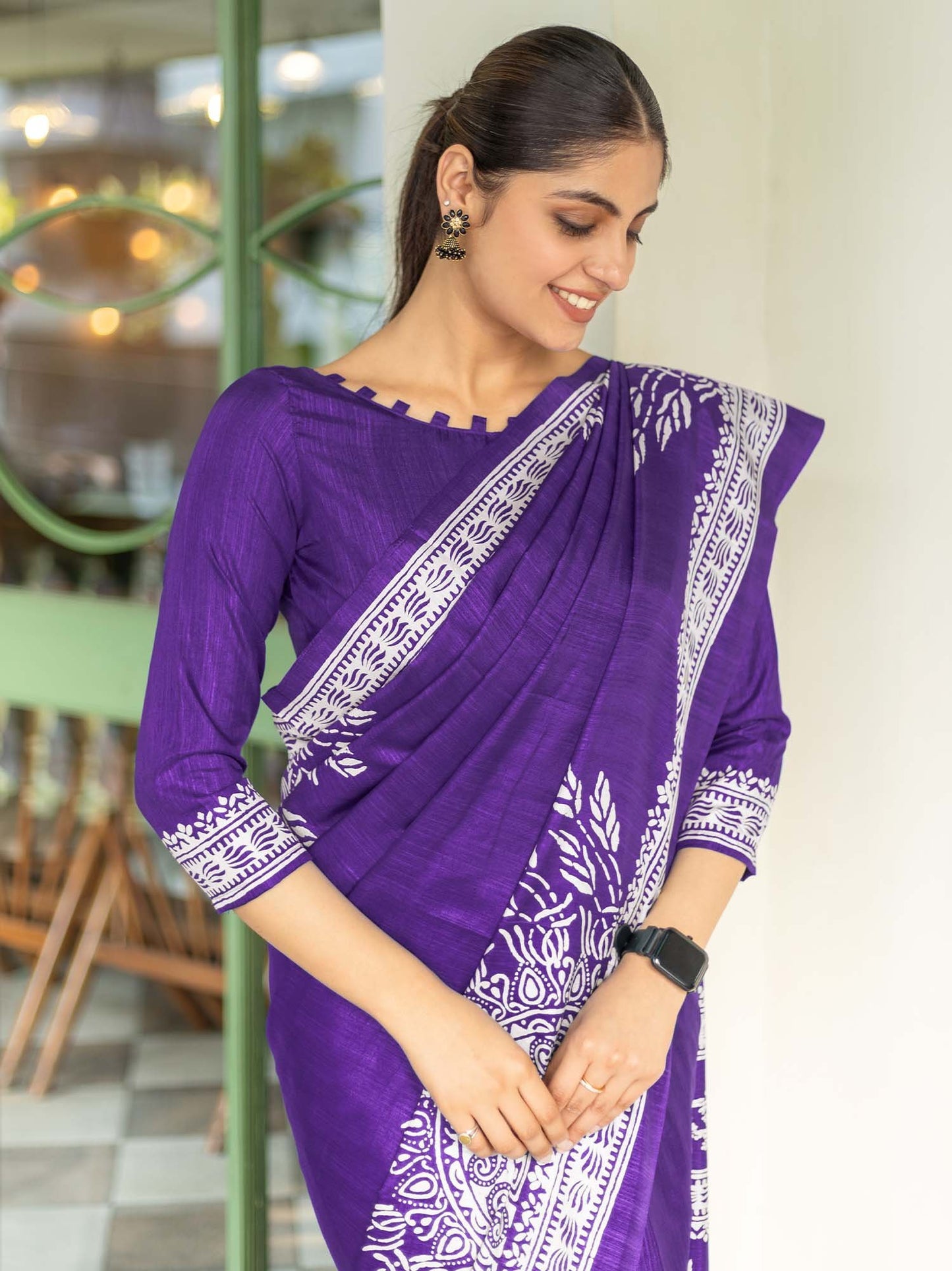 Purple Bagru Dola Silk Printed Saree