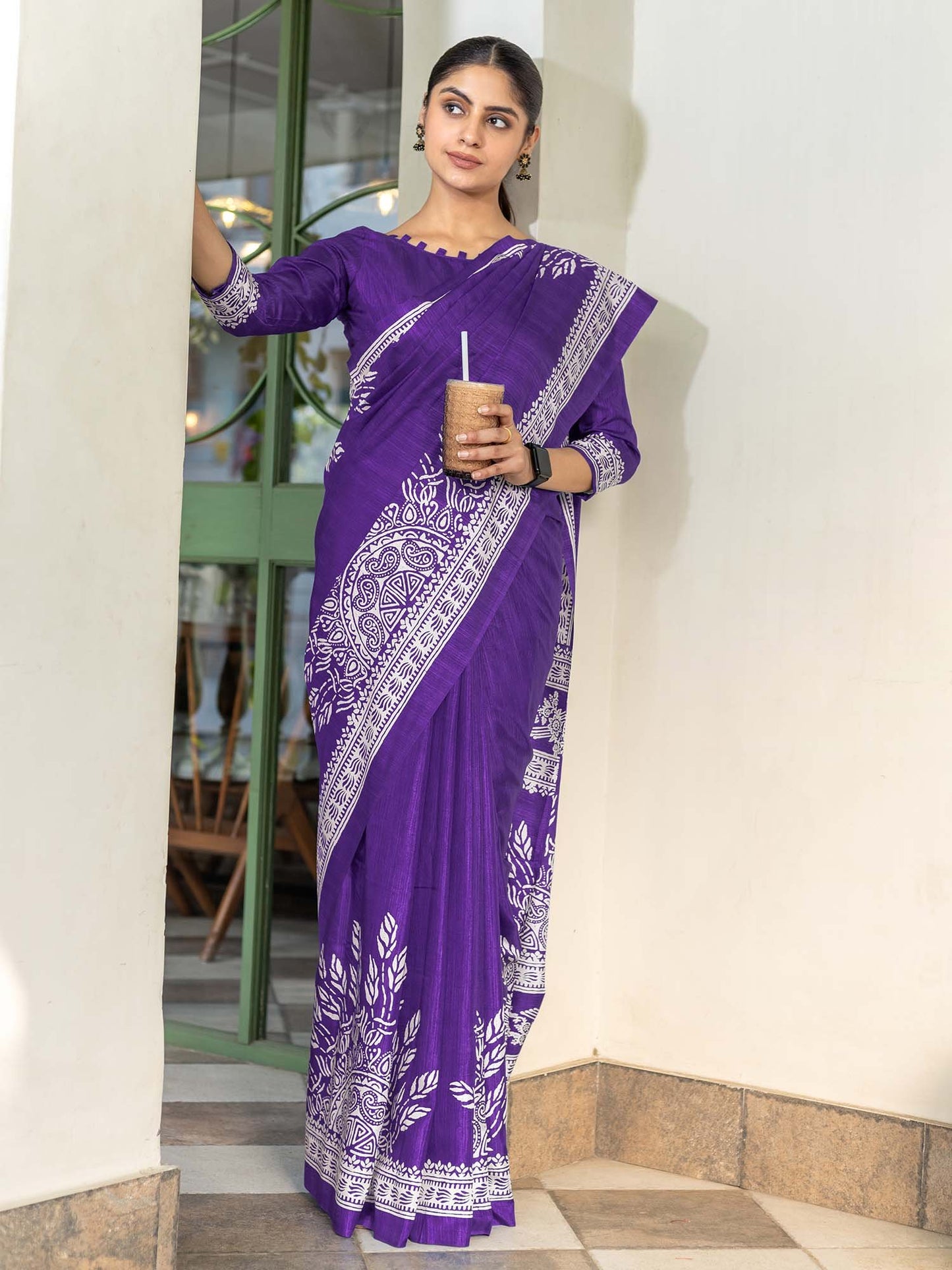 Purple Purple Bagru Dola Silk Printed Saree