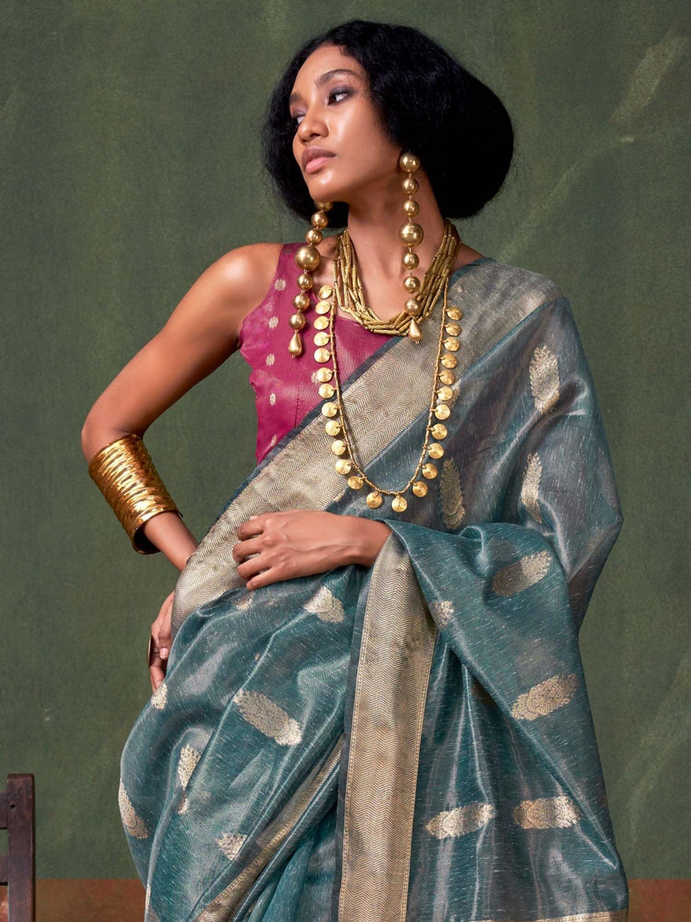 Teal Greyish Blue Paithani Tissue Festive Saree - The Dori Store