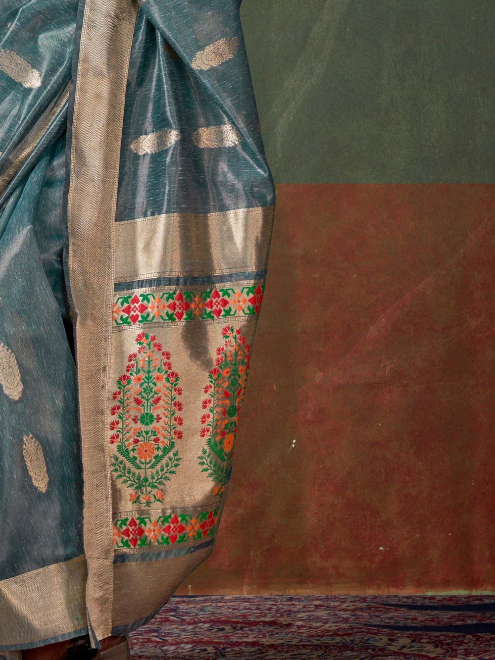 Teal Greyish Blue Paithani Tissue Festive Saree - The Dori Store
