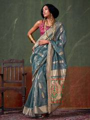 Teal Greyish Blue Paithani Tissue Festive Saree - The Dori Store
