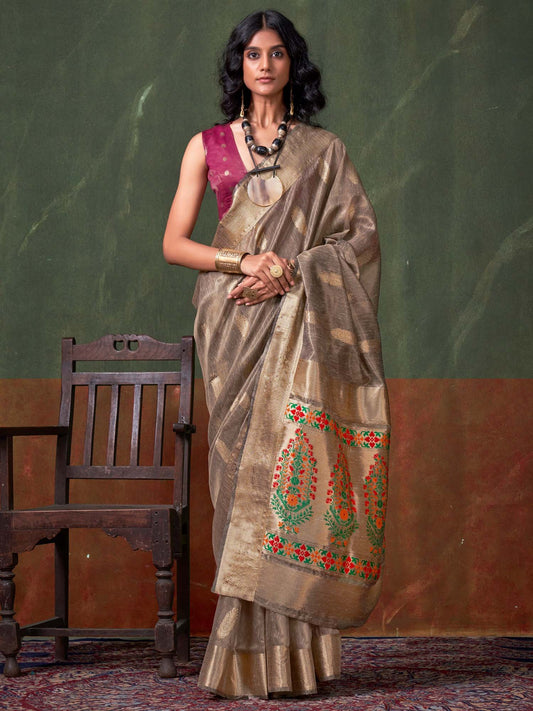 Grey Beige Paithani Tissue Woven Saree