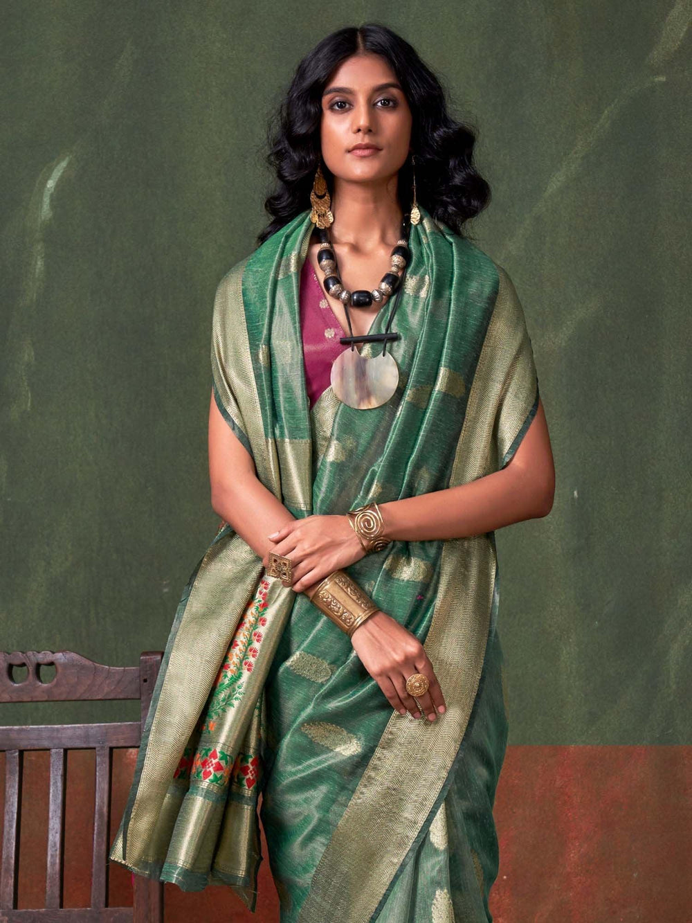 Teal Greyish Green Paithani Tissue Festive Saree - The Dori Store