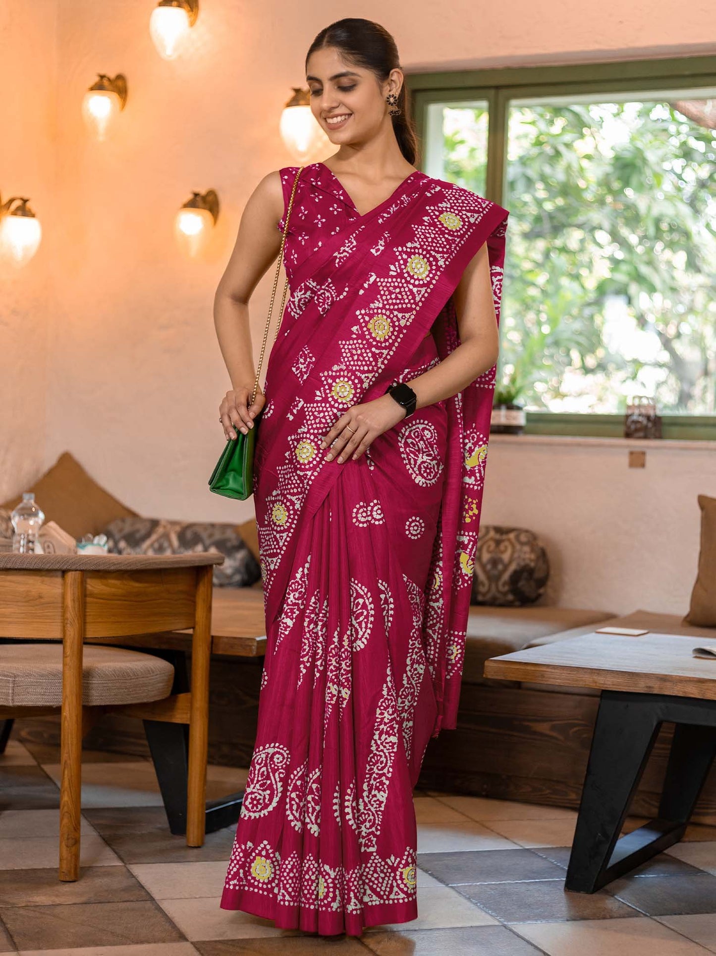 Pink Bagru Dola Silk Printed Saree