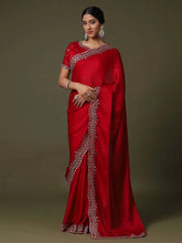 Red Party Wear Satin Silk Embroidered Saree - The Dori Store