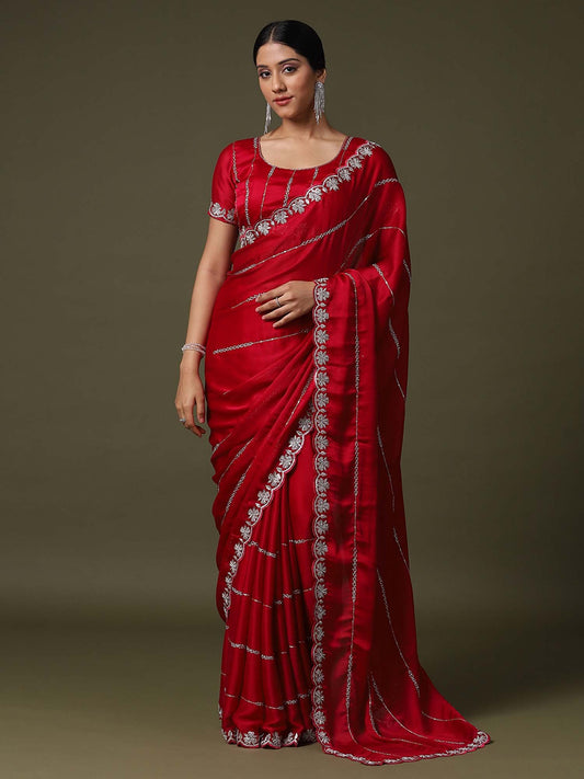 Red Red Party Wear Satin Silk Embellished Saree