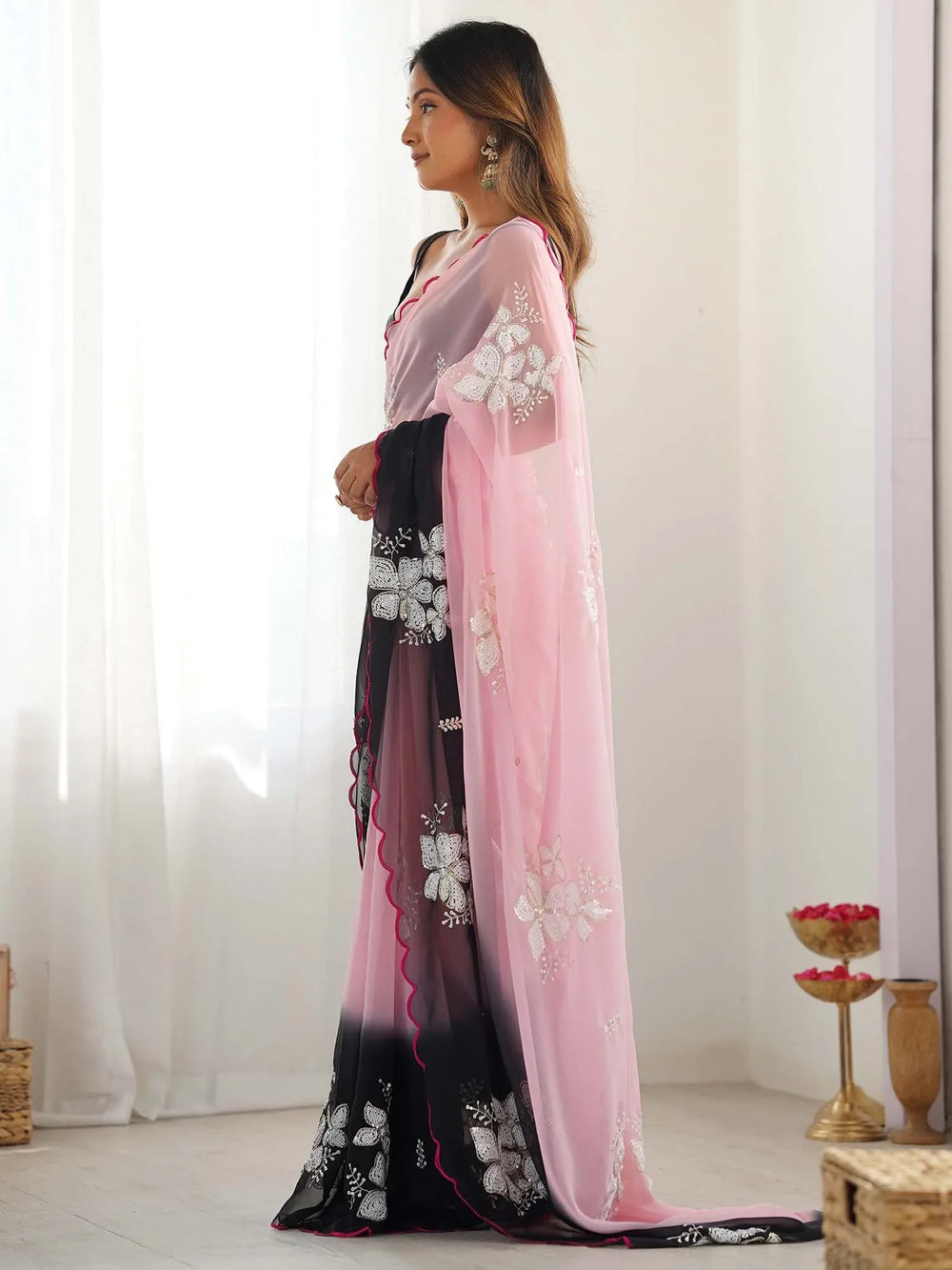 Pink Party Wear Georgette Embellished Saree - The Dori Store
