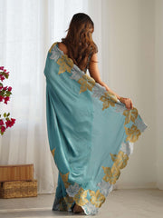 Teal Blue Party Wear Vichitra Silk Zari Embroidered Saree - The Dori Store
