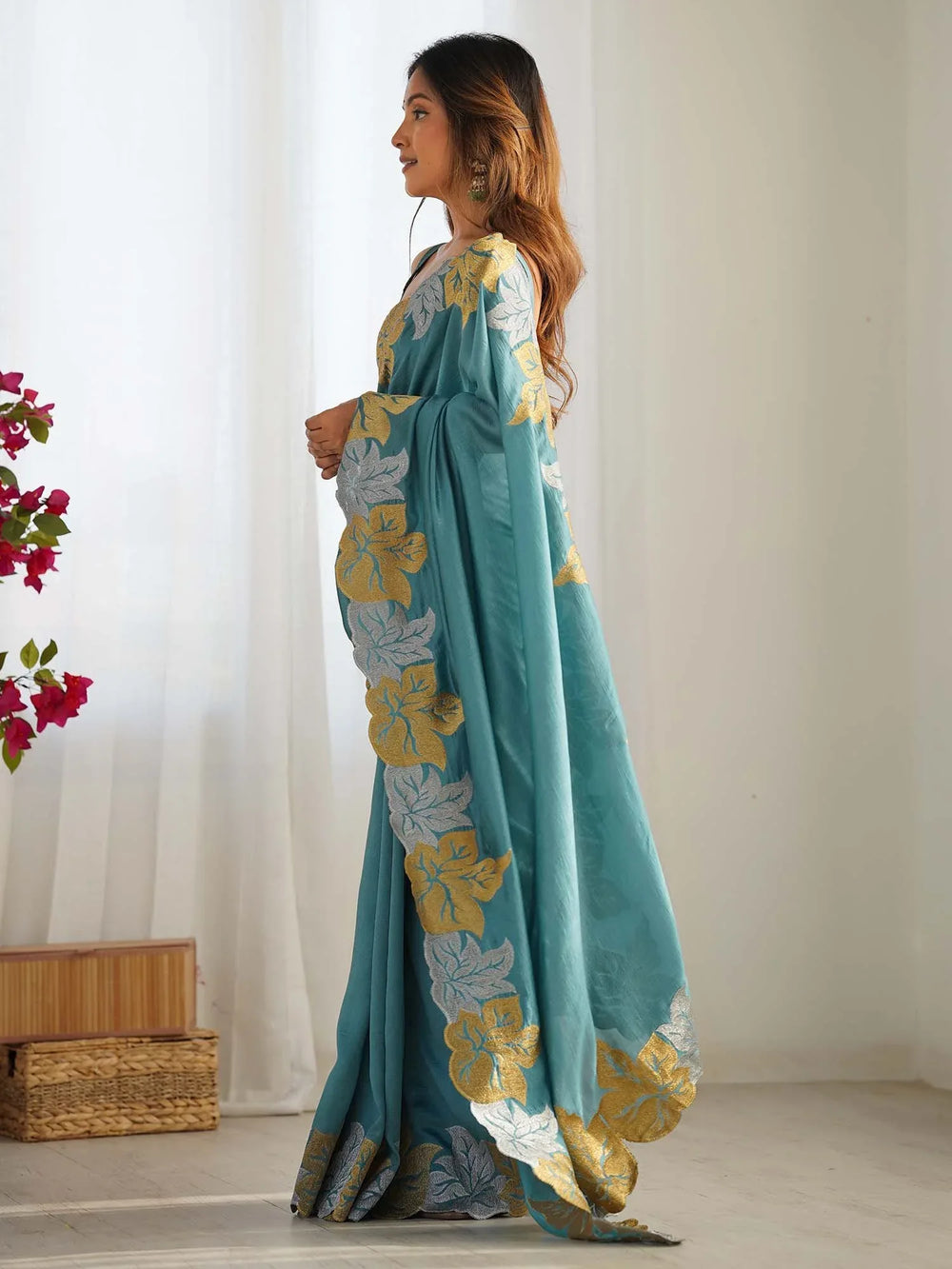 Teal Blue Party Wear Vichitra Silk Zari Embroidered Saree - The Dori Store