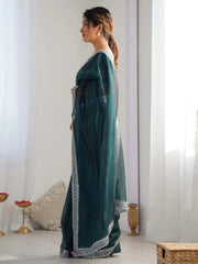 Teal Blue Party Wear Net Embellished Saree - The Dori Store