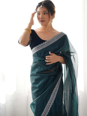 Teal Blue Party Wear Net Embellished Saree - The Dori Store