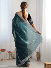 Teal Blue Party Wear Net Embellished Saree - The Dori Store
