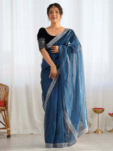 Blue Party Wear Net Embellished Saree - The Dori Store
