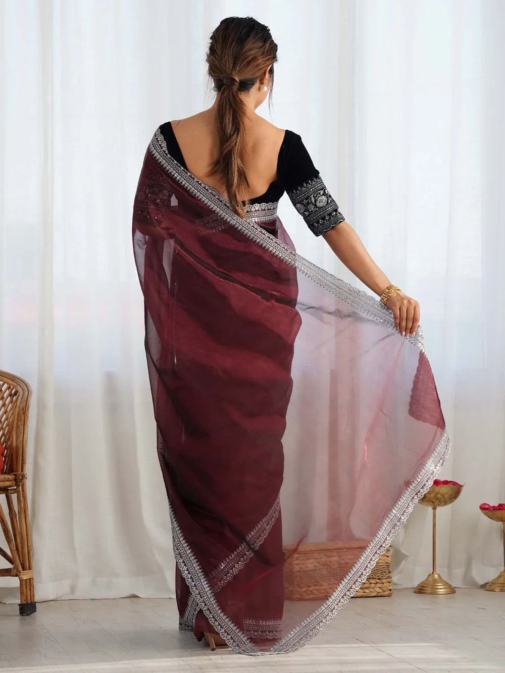 Maroon Party Wear Net Embellished Saree - The Dori Store