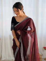Maroon Party Wear Net Embellished Saree - The Dori Store