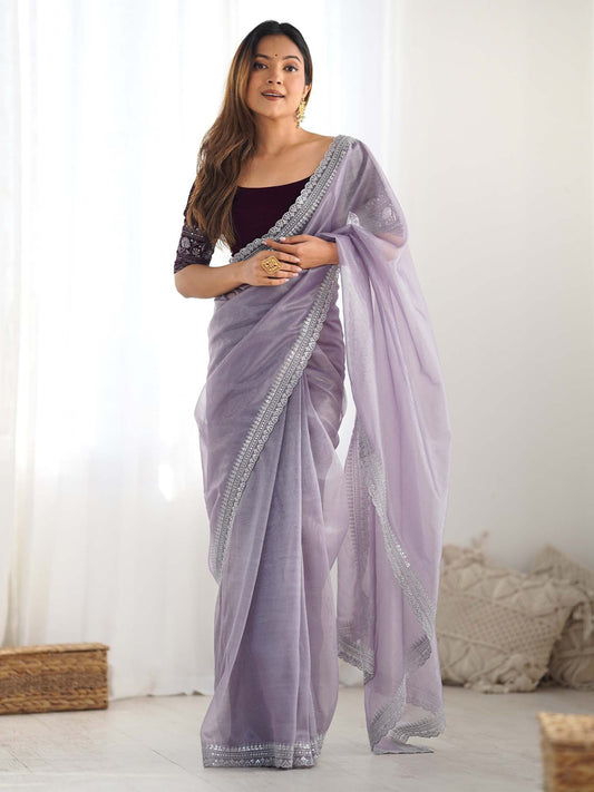 Lavender Lavendar Party Wear Net Embellished Saree