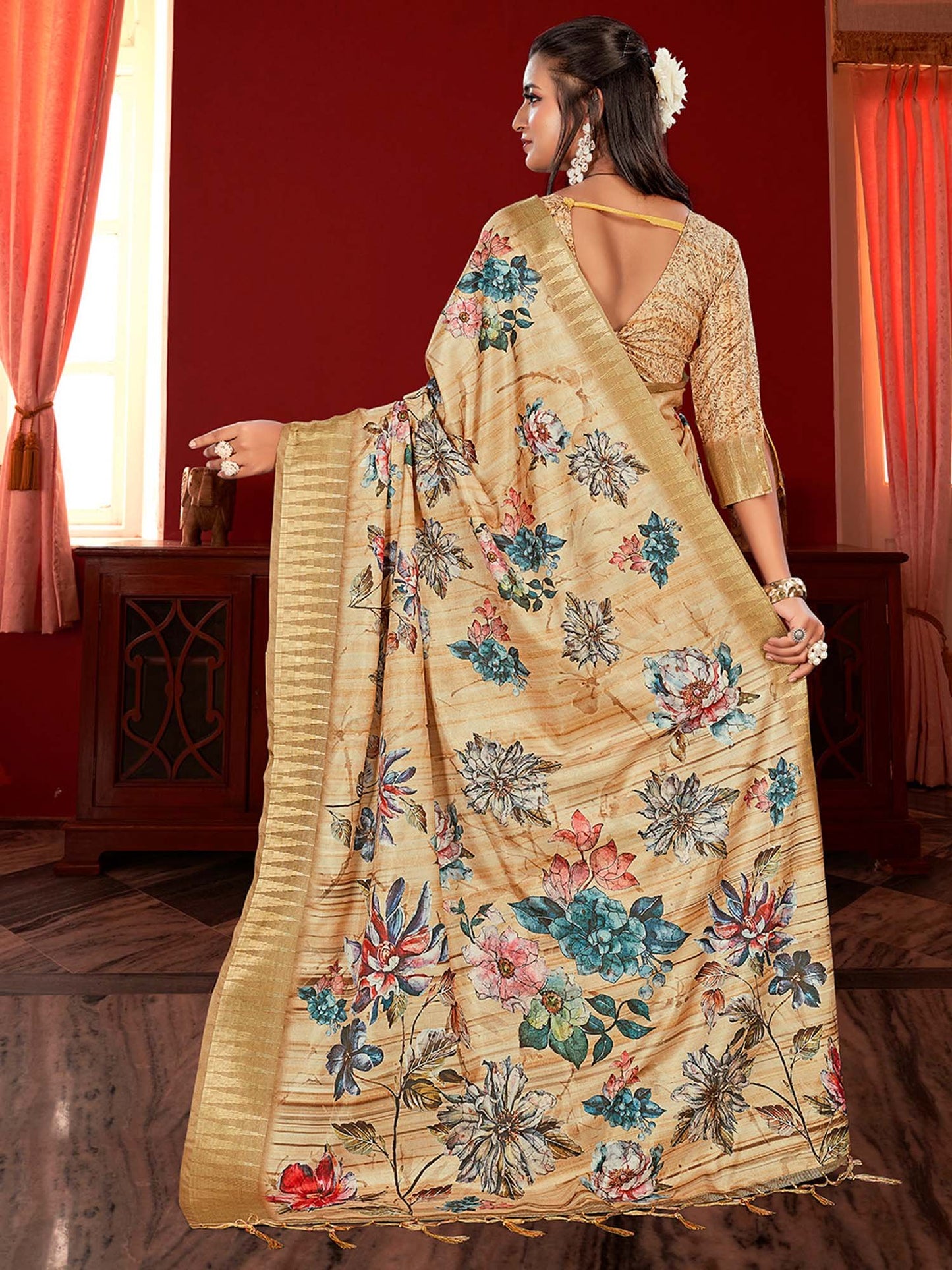 Beige Sungudi Manipuri Silk Printed Saree