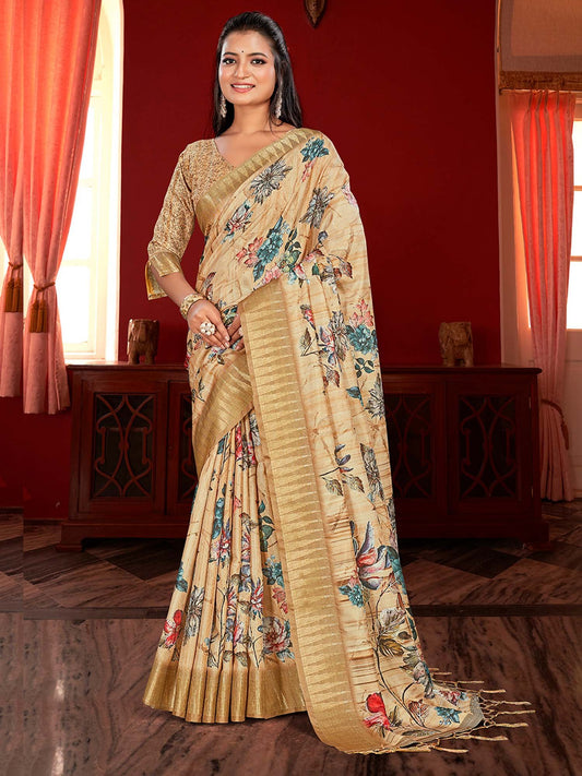 Cream Beige Sungudi Manipuri Silk Printed Saree