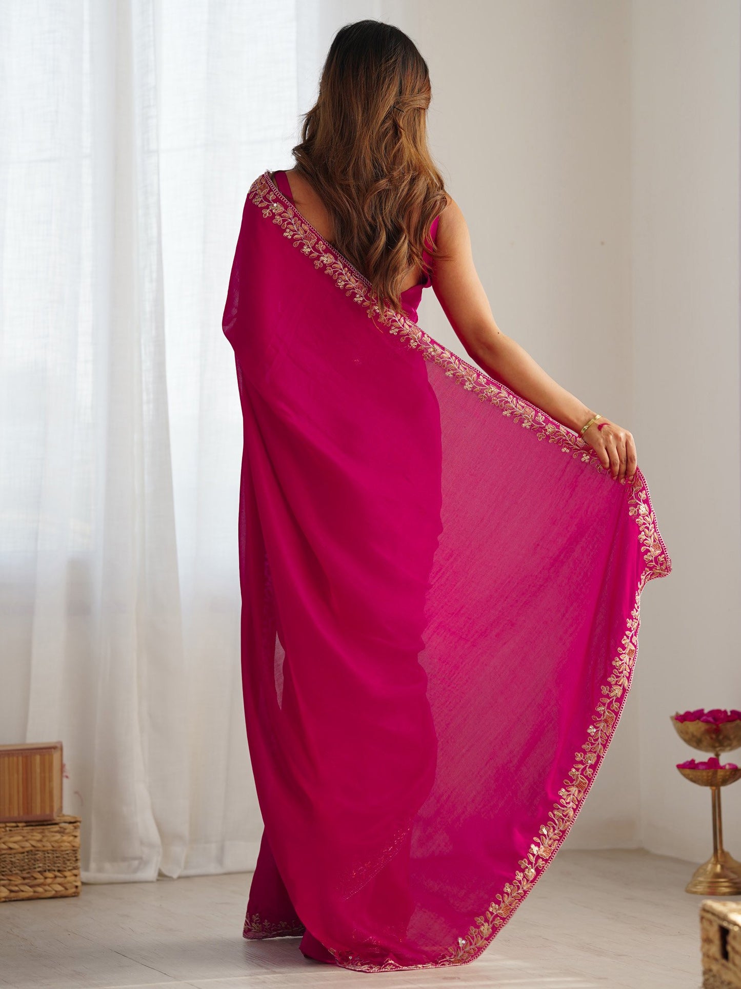 Pink Party Wear Vichitra Silk Embellished Saree