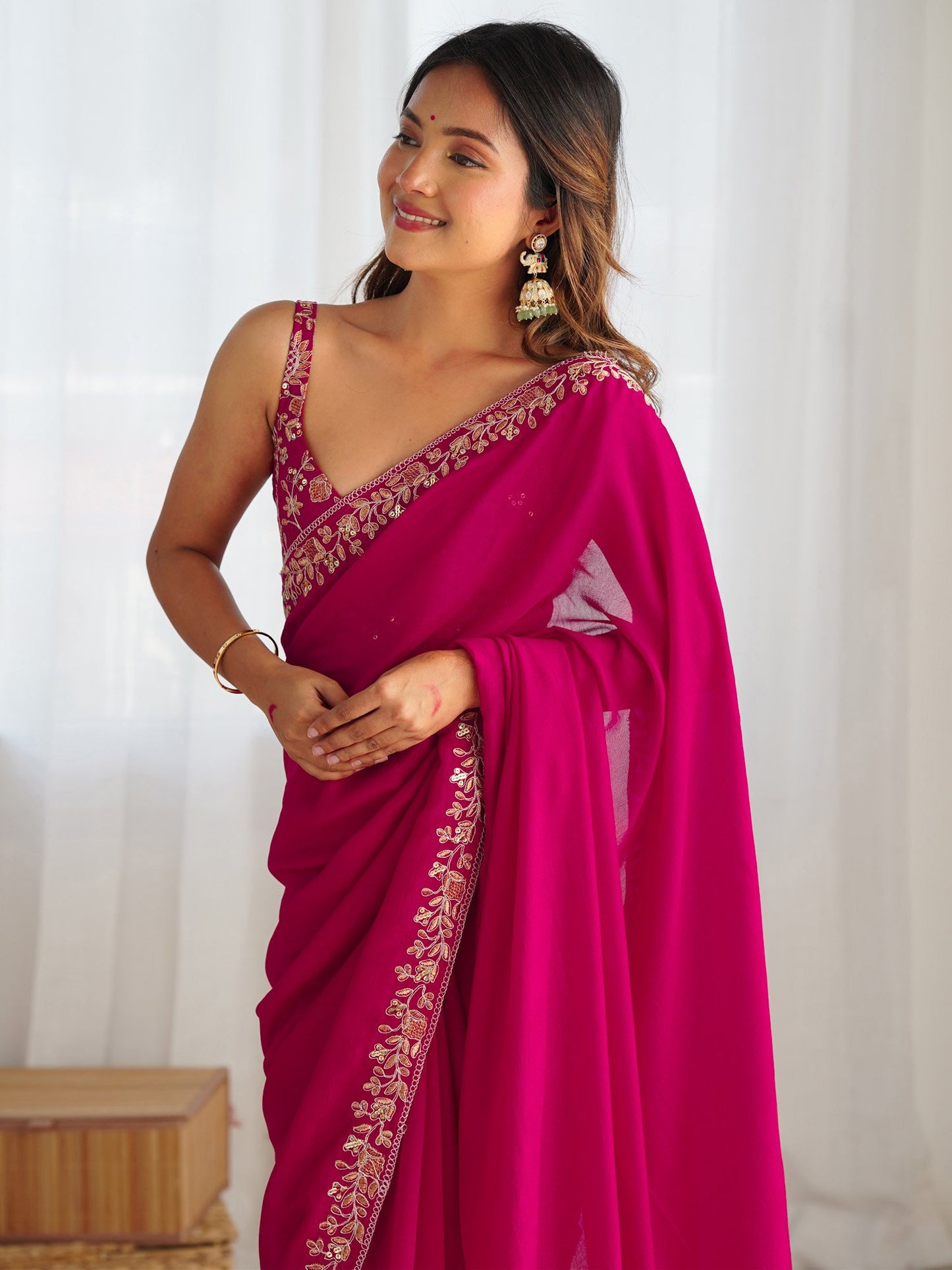 Pink Party Wear Vichitra Silk Embellished Saree