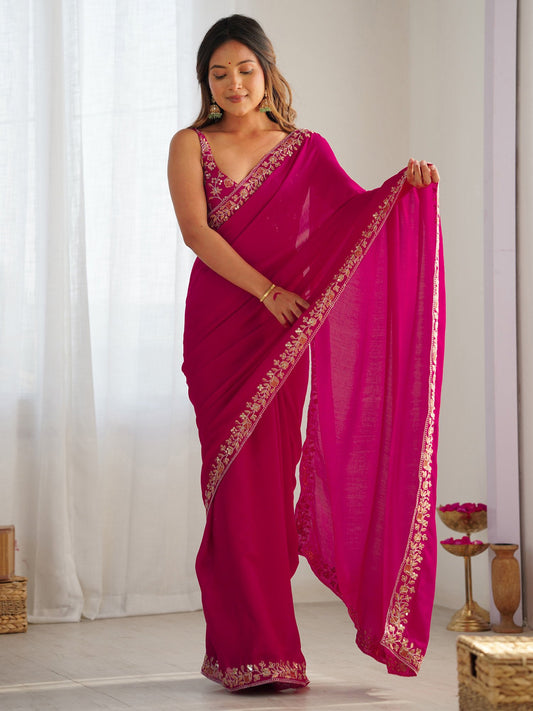 Pink Pink Party Wear Vichitra Silk Embellished Saree