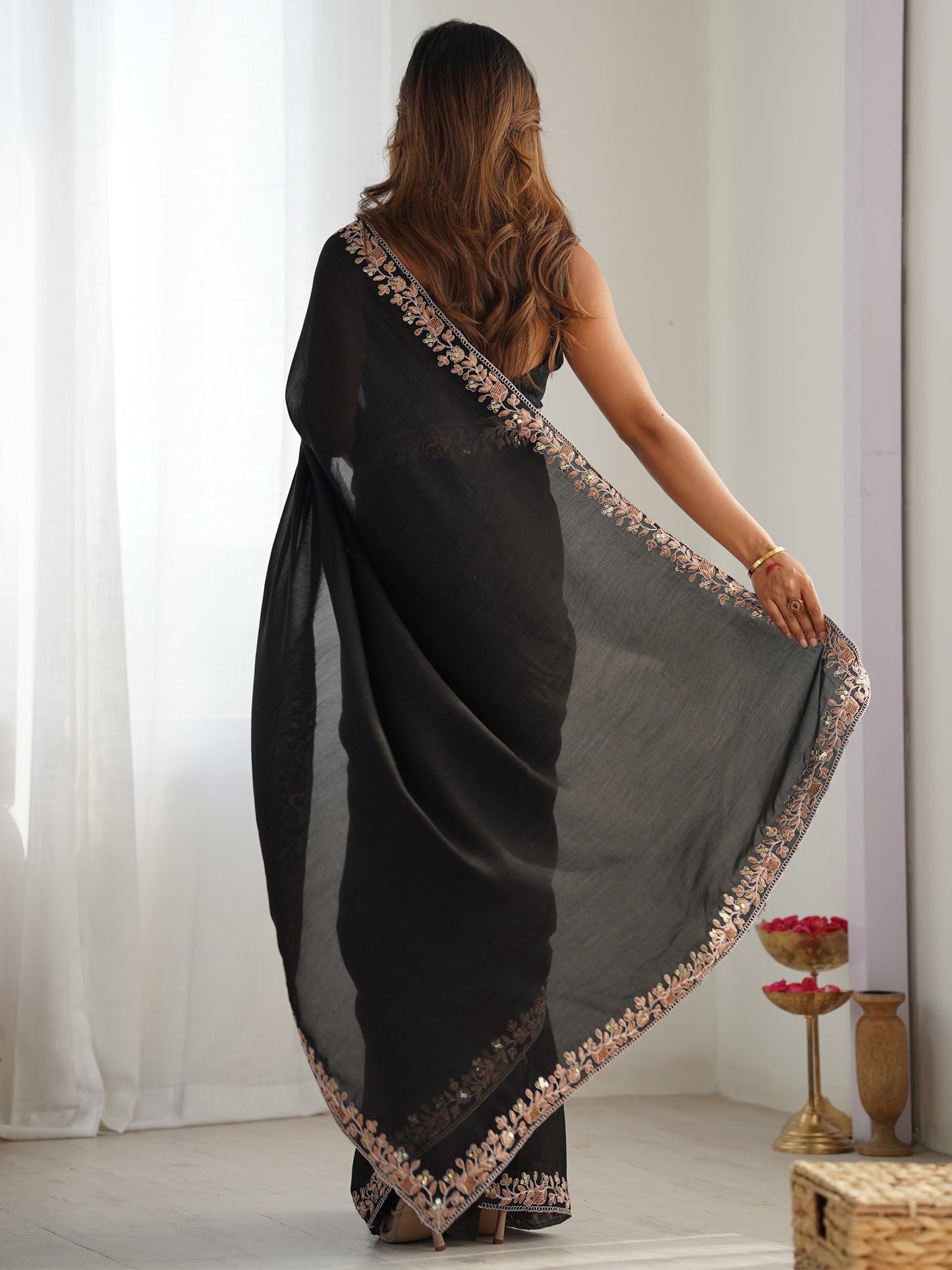 Black Party Wear Vichitra Silk Embellished Saree
