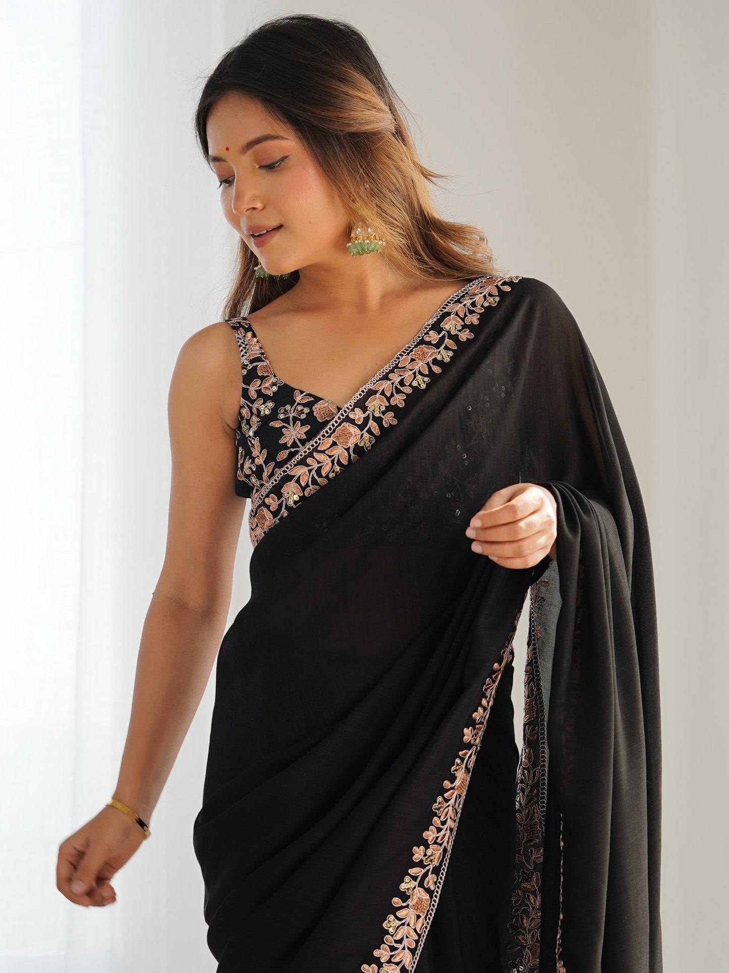 Black Party Wear Vichitra Silk Embellished Saree